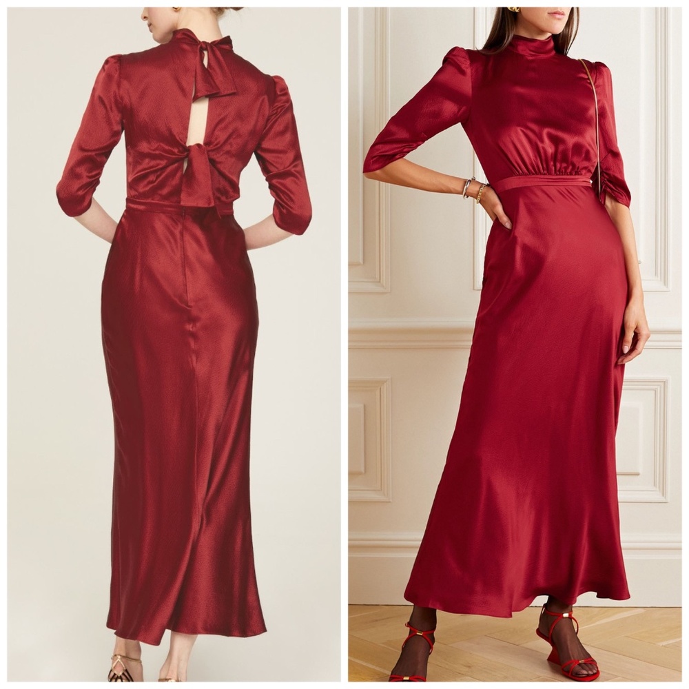 Saloni Adele Dress Garnet Red Midi Tie Back - Size US 10 - Silk Satin